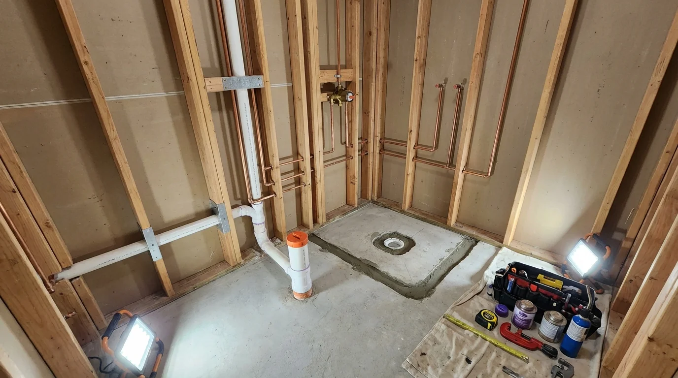 Bathroom rough-in plumbing during remodel by Johns Plumbing LLC in Camas
