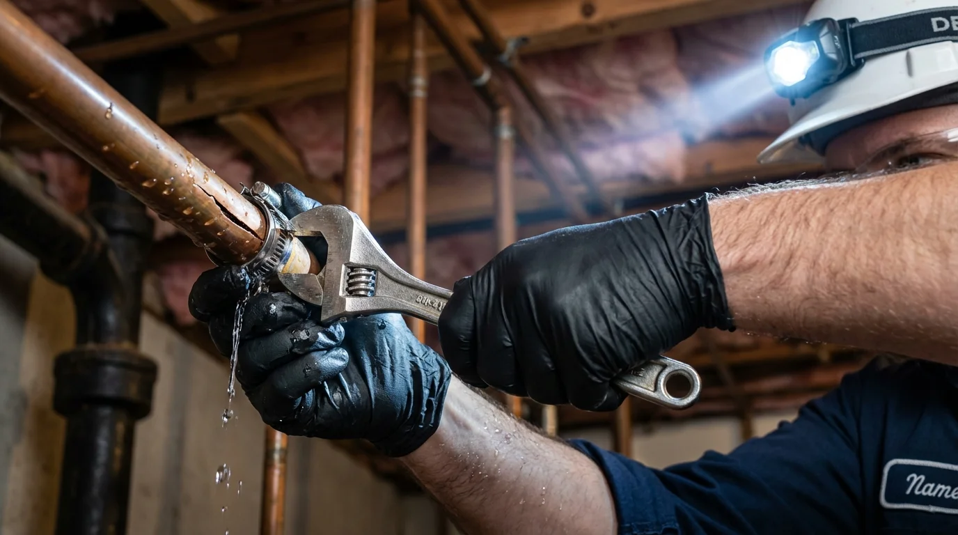 Emergency pipe clamp repair being performed by a Johns Plumbing LLC plumber in Camas