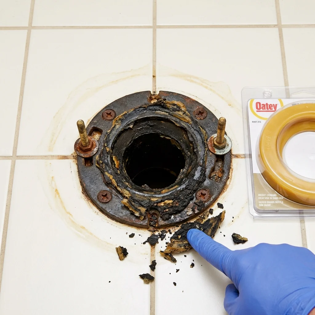 Failed wax ring showing water seepage at the base of a toilet in a Camas, WA home