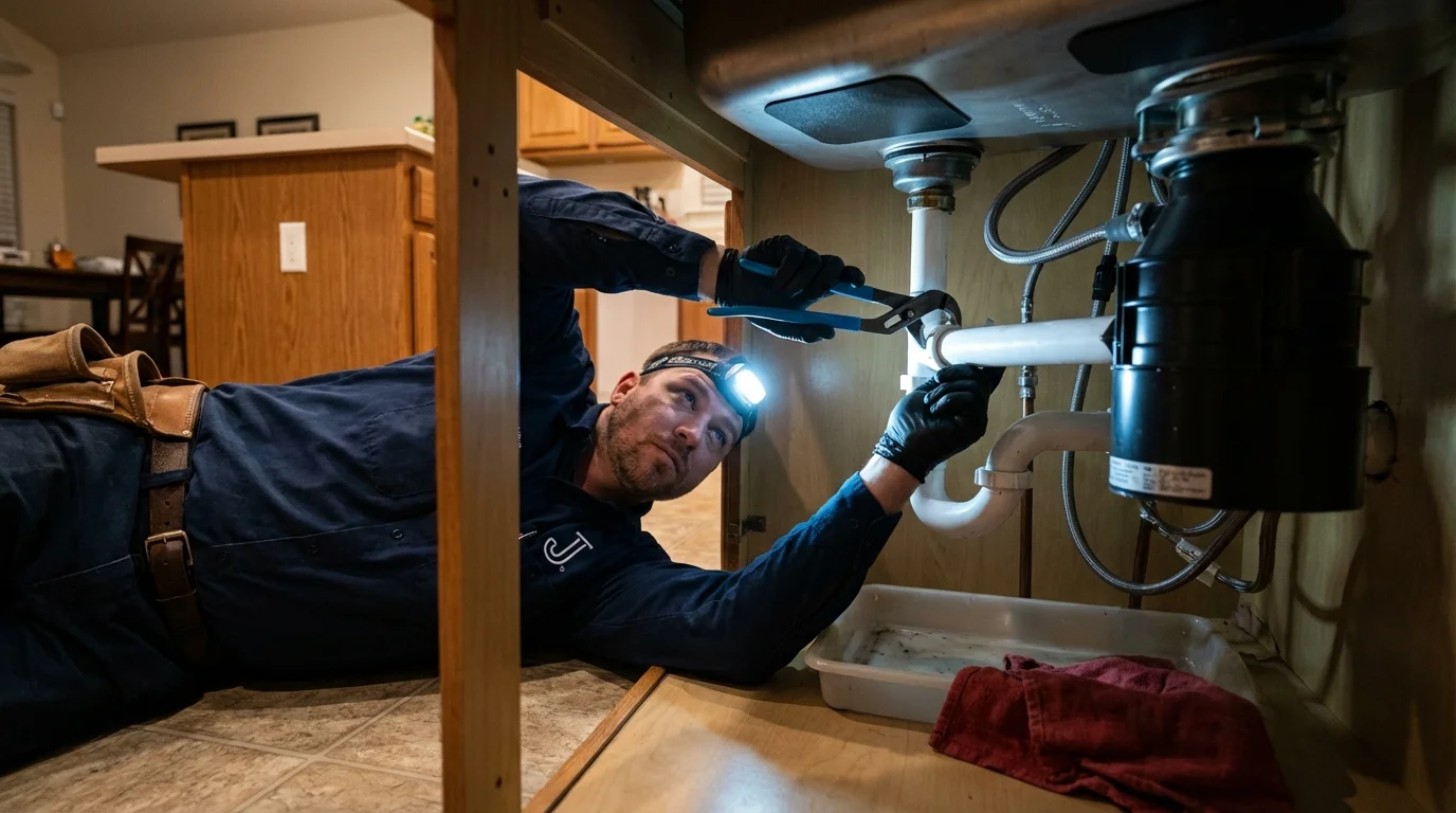 P-trap and supply line connections under a kitchen sink showing a common leak point in Camas, WA